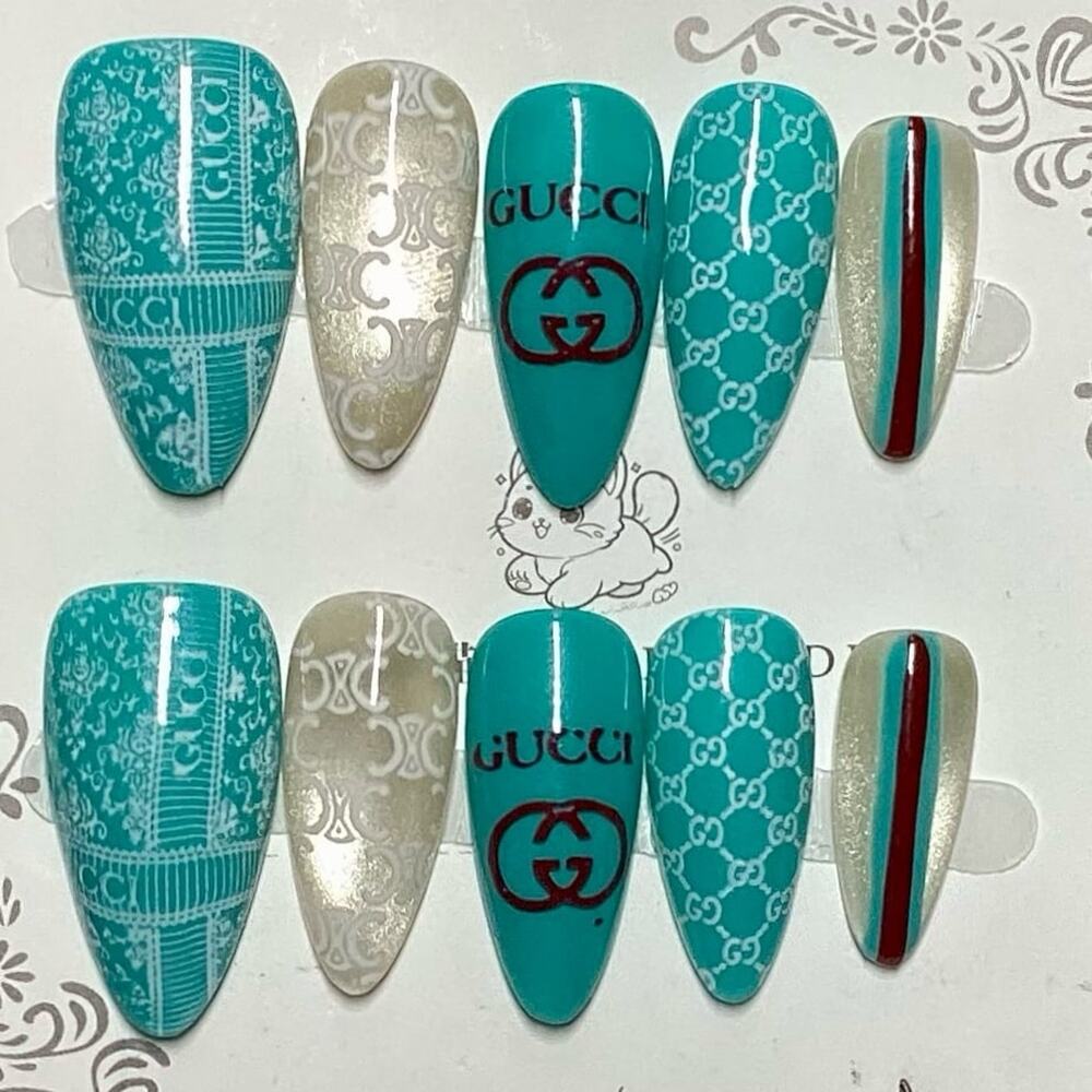 Luxury Design Teal Champagne Cat Eye Almond Handmade Press On Nails Large